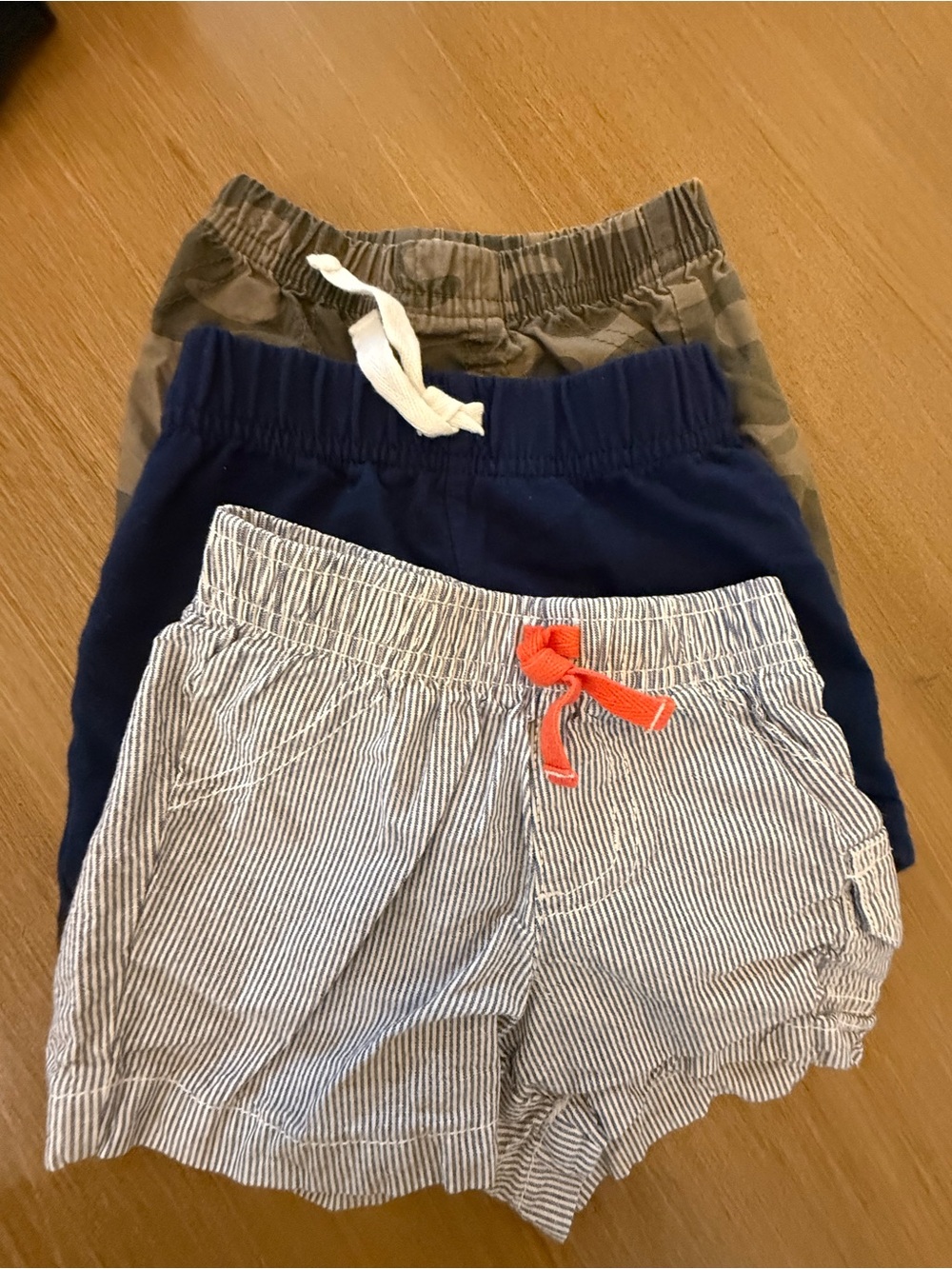 Carter's 3-Pack Pull-On Shorts - Navy, Olive, Seersucker with Orange Drawcord